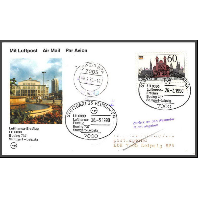 12678 boeing 737 stuttgart leipzig 6/4/1990 lufthansa premier vol first flight lettre airmail cover allemagne germany