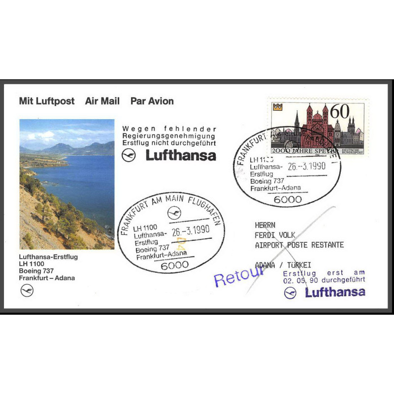 12679 boeing 737 frankfurt adana turkey 26/3/1990 lufthansa premier vol first flight lettre airmail cover allemagne bund