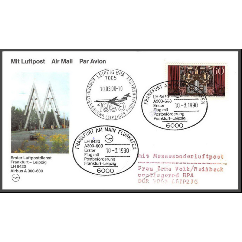 12683 airbus 300 600 leipzig frankfurt 10/3/1990 lufthansa premier vol first flight lettre airmail cover allemagne bund