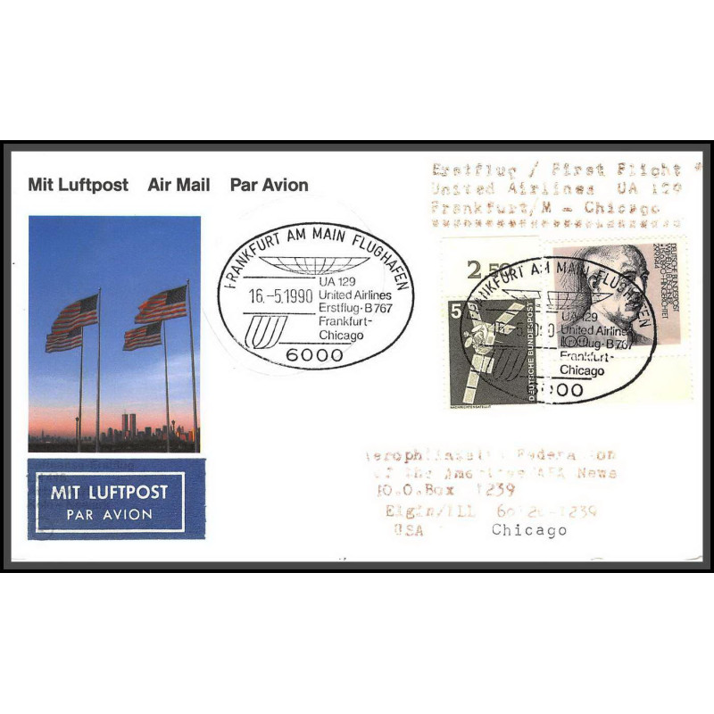 12685b united airlines frankfurt chicago usa 16/5/1990 premier vol first flight lettre airmail cover allemagne germany