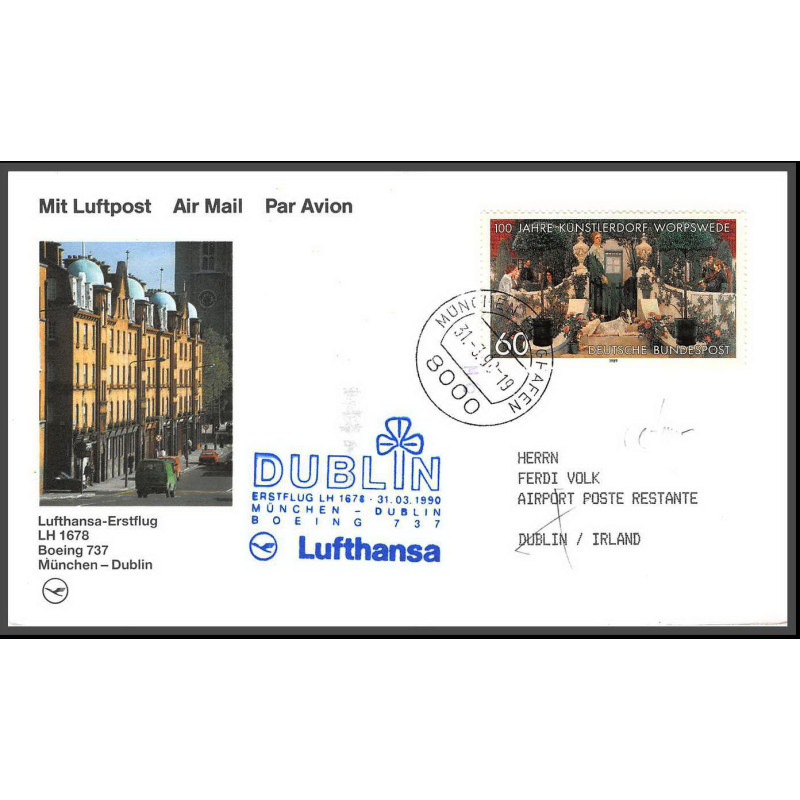 12686 boeing 737 munchen berlin 31/3/1990 lufthansa premier vol first flight lettre airmail cover allemagne germany bund