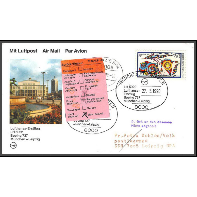 12687 boeing 737 munchen leipzig 27/3/1990 lufthansa premier vol first flight lettre airmail cover allemagne germany
