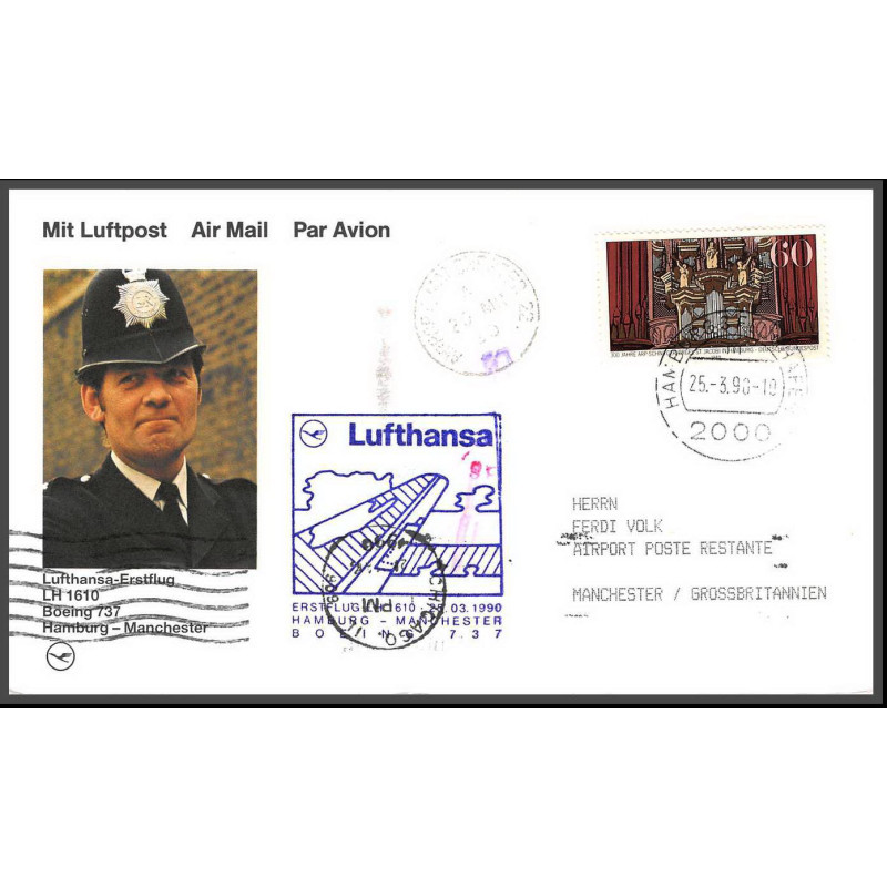 12688 boeing 737 hamburg manchester 25/3/1990 lufthansa premier vol first flight lettre airmail cover allemagne germany 