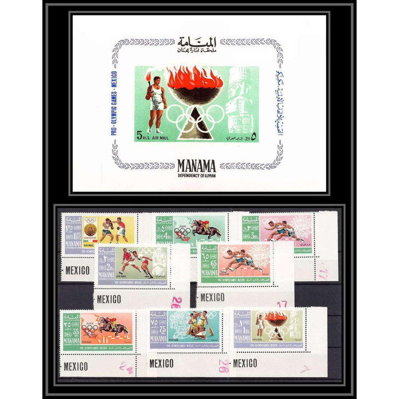149b - Manama MNH ** Mi N°38/45 A + bloc 2 jeux olympiques olympic games mexico 68 Football (Soccer) canoe jumping