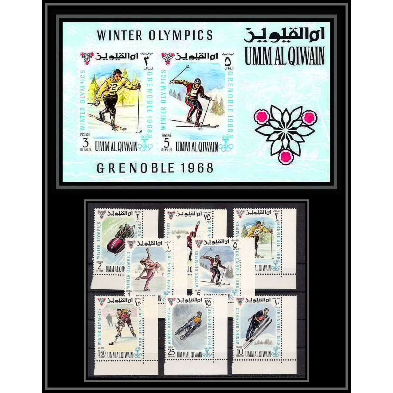 160c - Umm al Qiwain MNH ** N°233/240 A + bloc 12 jeux olympiques (winter olympic games) grenoble 1968 bob hockey 