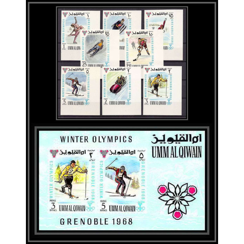 161b - Umm al Qiwain MNH ** N°233/240 B + BLOC 12 Non dentelé imperf jeux olympiques olympic games grenoble 