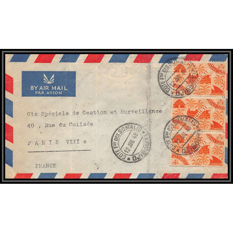 14155 herald djibouti par avion somalis 12/7/1948 paris lettre cover colonies france