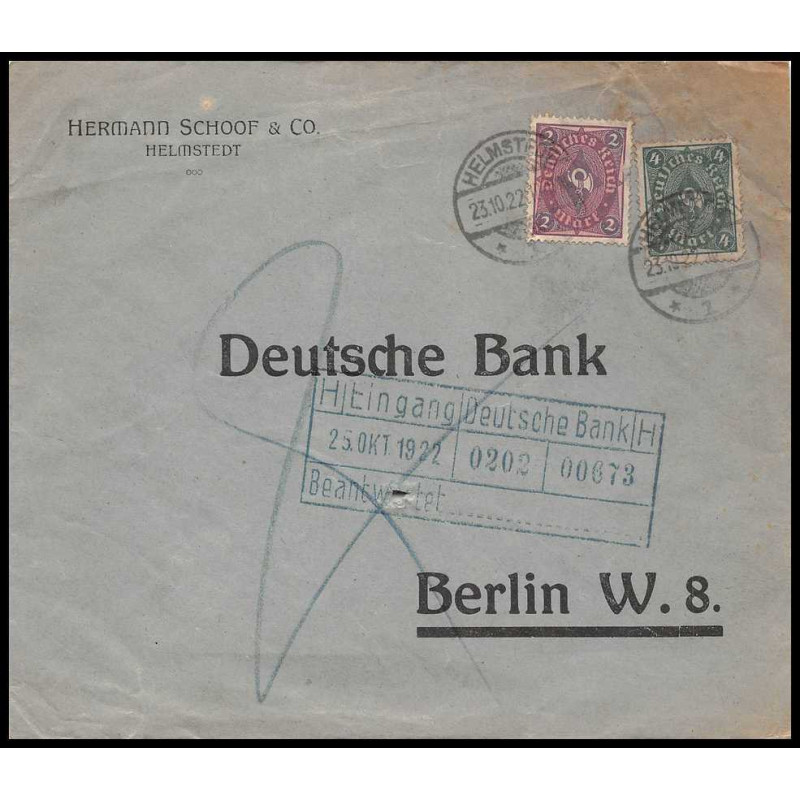 14315 reich schoof helmstedt 1922 lettre cover allemagne germany