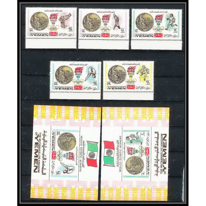 176a Yemen kingdom MNH ** Mi N°620/624 A + blocs 141/142 A jeux olympiques olympic games MEXICO 68 gold madalists