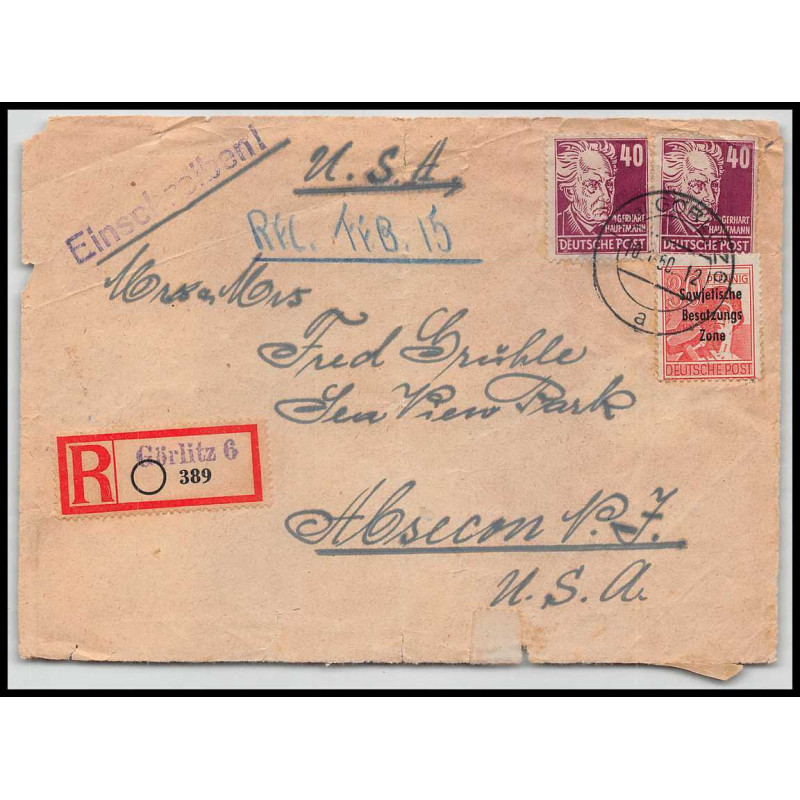 15822 allemagne deutsche post recommandé gorlitz Absecon 1950 usa devant de lettre cover