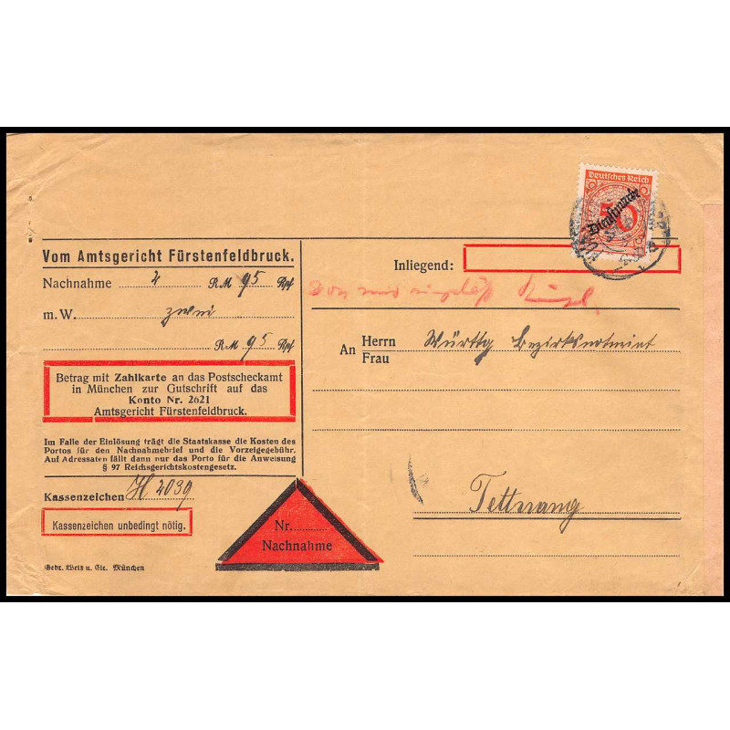 15843 allemagne reich DIENFTMARKE N°74 service Fürstenfeldbruck lettre cover