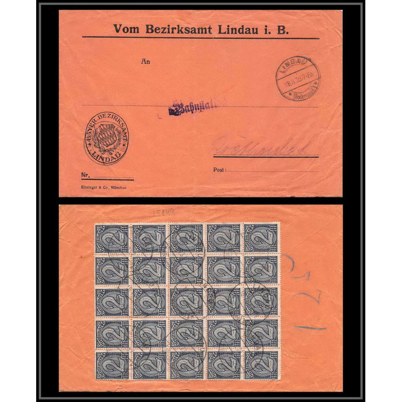 15849 allemagne reich lindau infla 1923 DIENFTMARKE service N°29 25 timbres lettre cover
