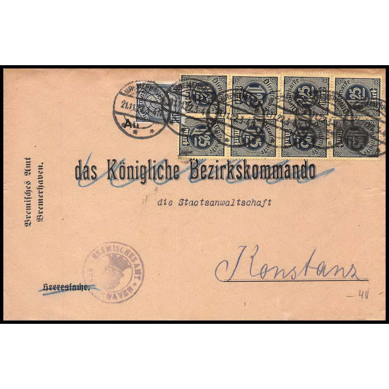 15855 allemagne reich DIENFTMARKE service N°26/27 bloc 8 1922 bremerhaven lettre cover