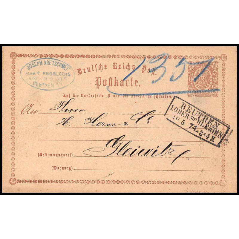 15867 allemagne reich post 1/2 p Ganzsache Mi P1 kretschmer beuthen polska 1874 carte postale entier stationery