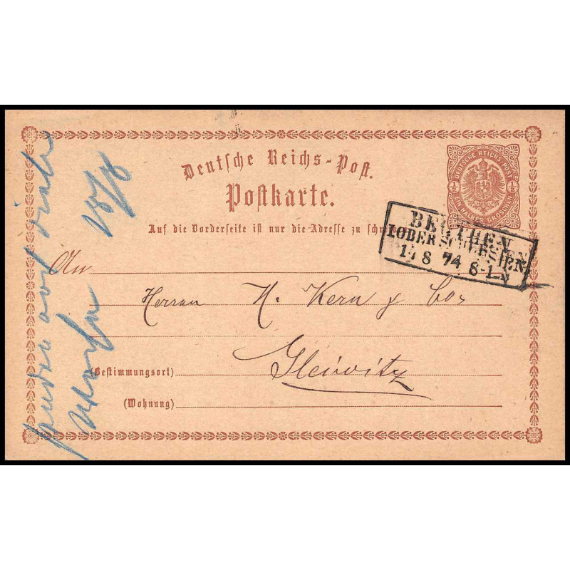 15870 allemagne reich post 1/2 p Ganzsache Mi P1 beuthen polska 1874 carte postale entier stationery
