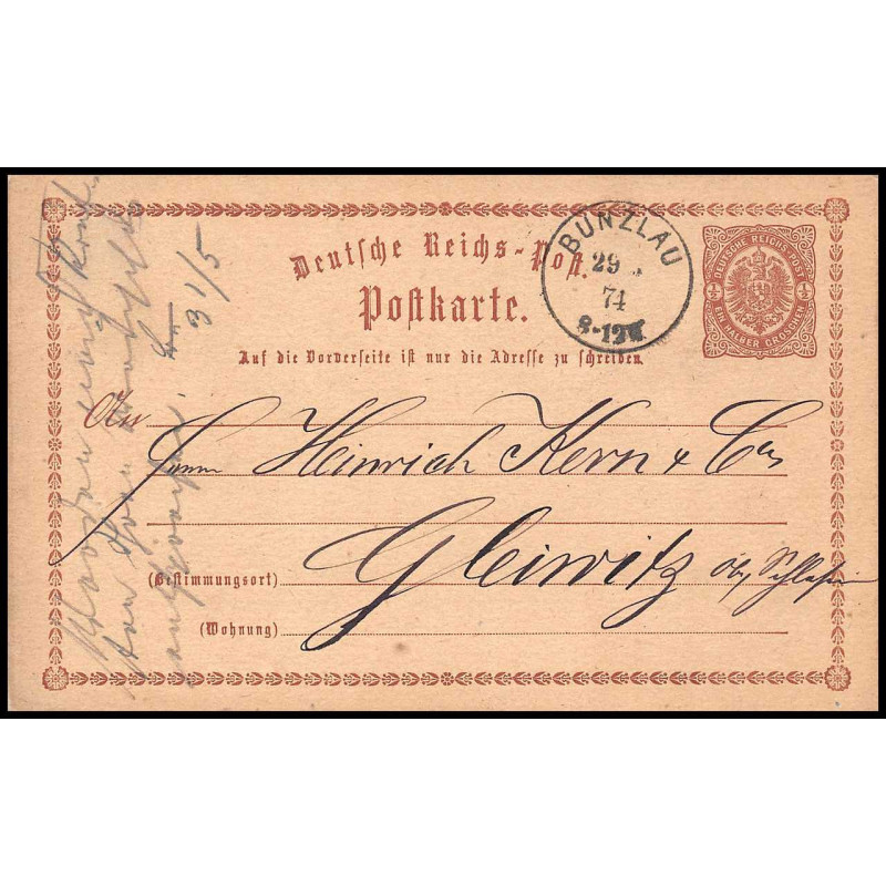 15871 allemagne reich post 1/2 p Ganzsache Mi P1 bunzlau polska 1874 carte postale entier stationery
