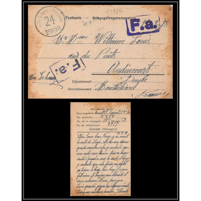 15889 allemagne giessen 24 audincourt 1918 kriegsgefangenenpost guerre 1914/1918 ww1 censure lettre cover