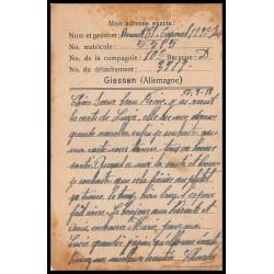 15889 allemagne giessen 24 audincourt 1918 kriegsgefangenenpost guerre 1914/1918 ww1 censure lettre cover