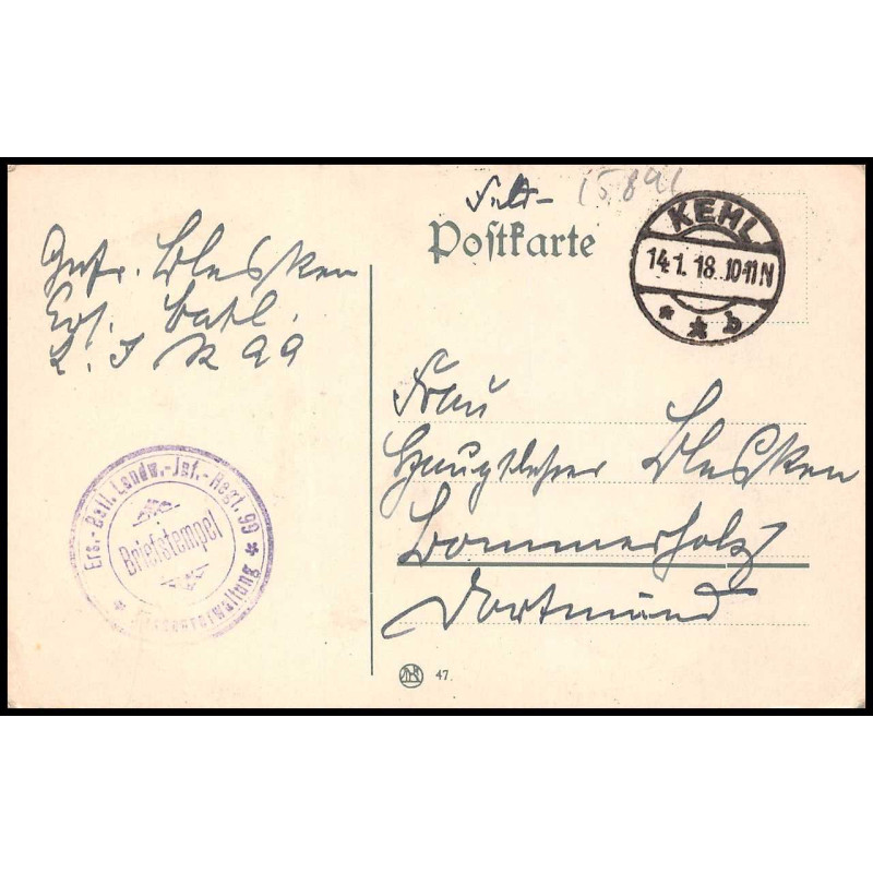 15891 allemagne kehl 1918 regt 99 feldpost guerre 1914/1918 ww1 censure carte postcard
