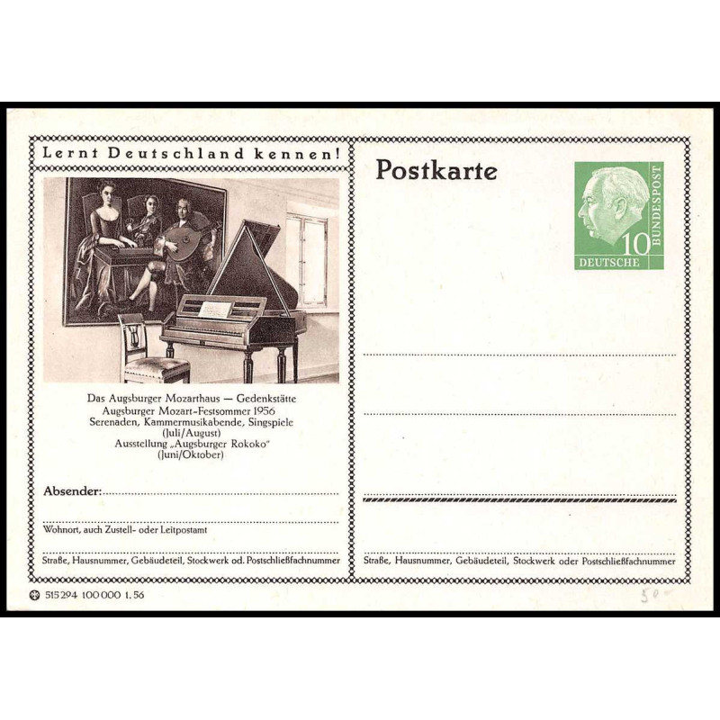 15899 repiquage allemagne bund Ganzsache 1956 neuf tb kennen Mozarthaus Mozart carte postale entier stationery france