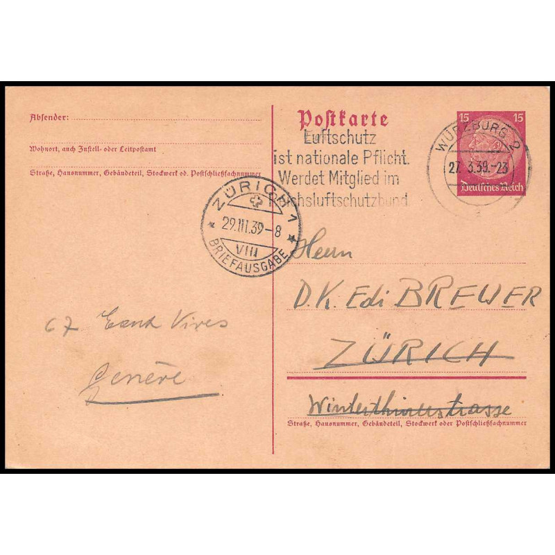 15904 allemagne reich Ganzsache 15Pfg wurzburg 1939 zurich suisse carte postale entier stationery 