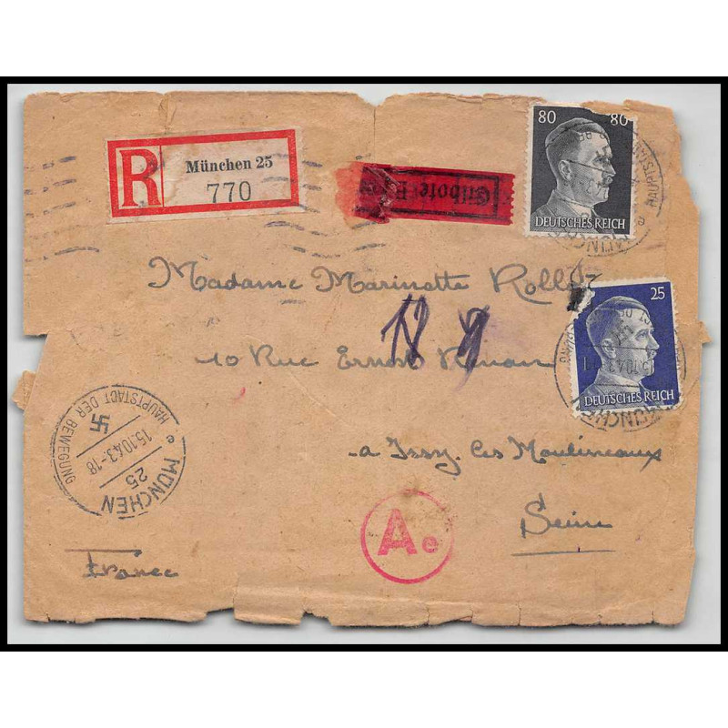 15928 allemagne reich recommandé censure guerre 39/45 ww2 munchen issy les moulineaux 1943 lettre cover 