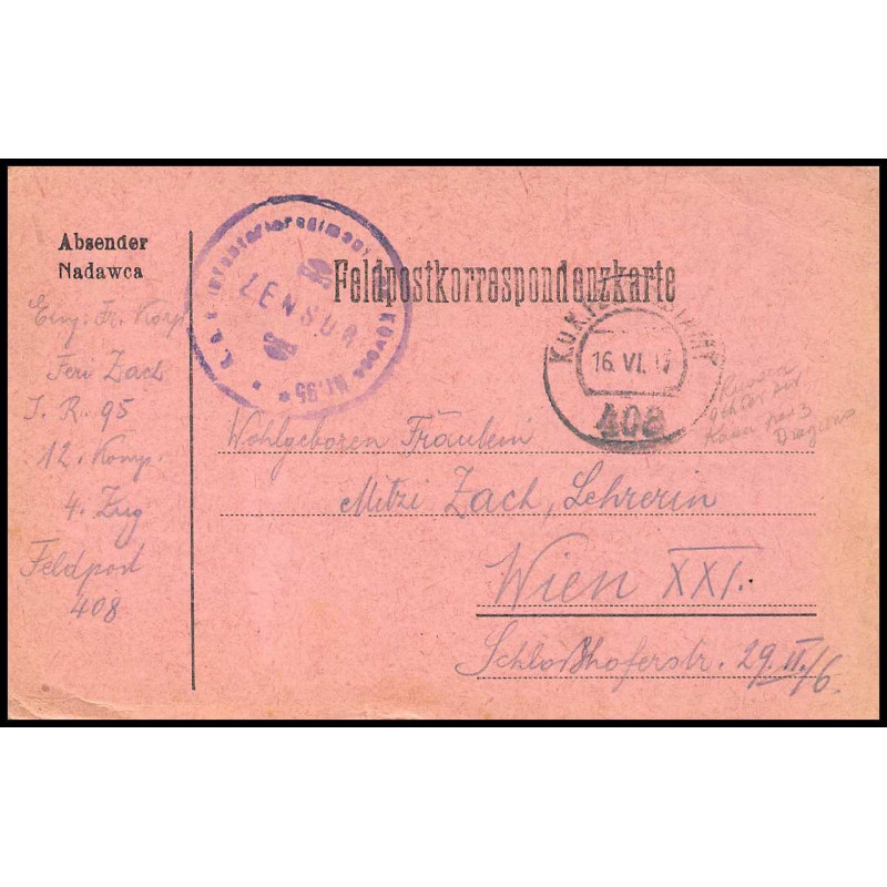 15933 allemagne censure feldpost N°408 ww1 guerre 14/18 wien osterreeich 1917 carte postcard 