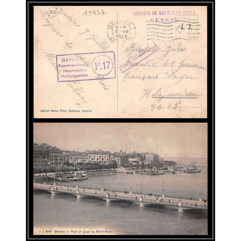 15937 allemagne feldpost holzminden p17 convois de rapatriés civils genève suisse 1916 ww1 guerre 14/18 carte postcard 