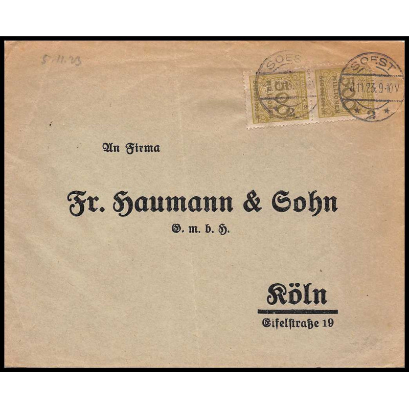 15959 allemagne reich infla N°305 paire soest 1923 seul sur lettre cover 