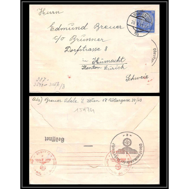 15974 allemagne reich censure guerre 39/45 ww2 wien osterreich 1941 kusnacht suisse lettre cover 