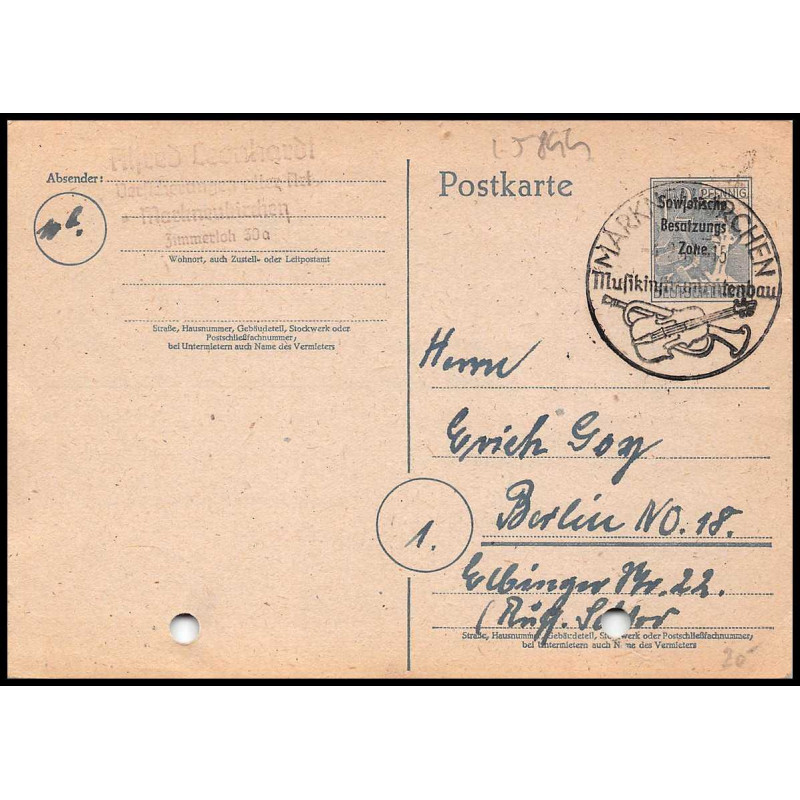 15984 allemagne Occupation Alliée Ganzsache sowjetische zone markneukirchen 1949 carte postale entier stationery 