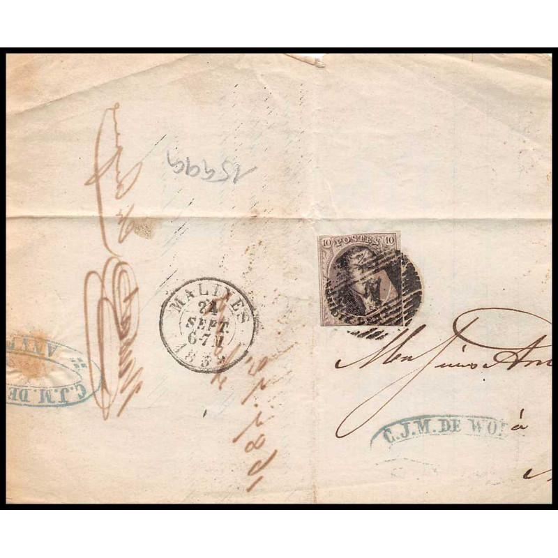 15999 belgique Leopold 10c brun non dentelé malines 1859 sur fragment 