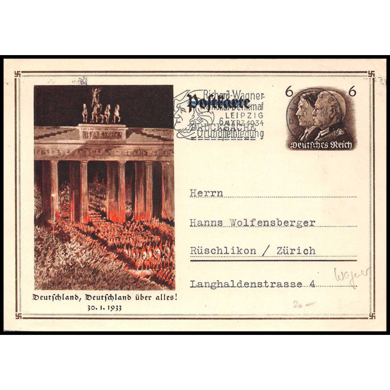 16260 repiquage music wagner leipzig 6/3/1934 carte postcard entier stationery allemagne reich germany