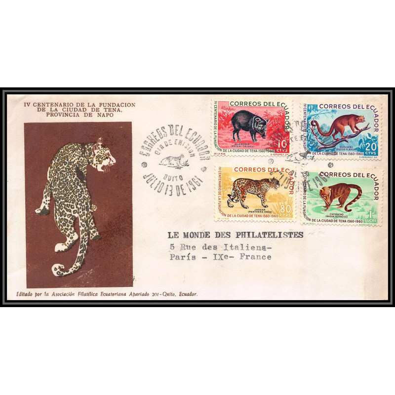 16970 Sc N°676-679 Animals 1961 jaguar pecari tirage numéroté 500 ex lettre cover ecuador equateur fdc