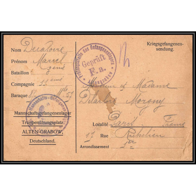 16987 alten-grabow 1915 delarbre paris richelieu guerre censure 14/18 ww1 lettre kriegsgefangenenpost allemagne germany