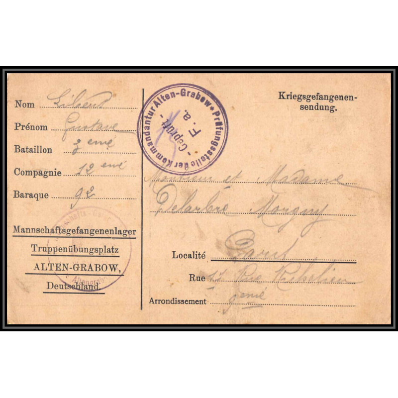 16988 alten-grabow 1915 delarbre paris richelieu guerre censure 14/18 ww1 lettre kriegsgefangenenpost allemagne germany