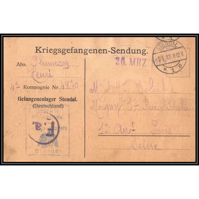 16994 gefangenenlager stendal 1917 paris guerre censure 14/18 ww1 lettre kriegsgefangenenpost allemagne germany