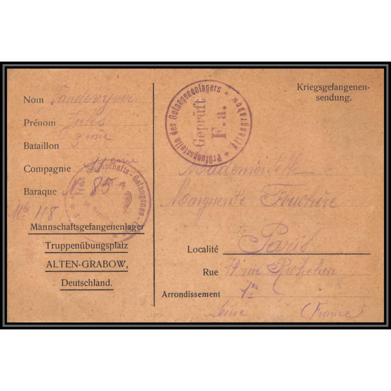 17002 alten-grabow 1915 delarbre paris richelieu guerre censure 14/18 ww1 lettre kriegsgefangenenpost allemagne germany