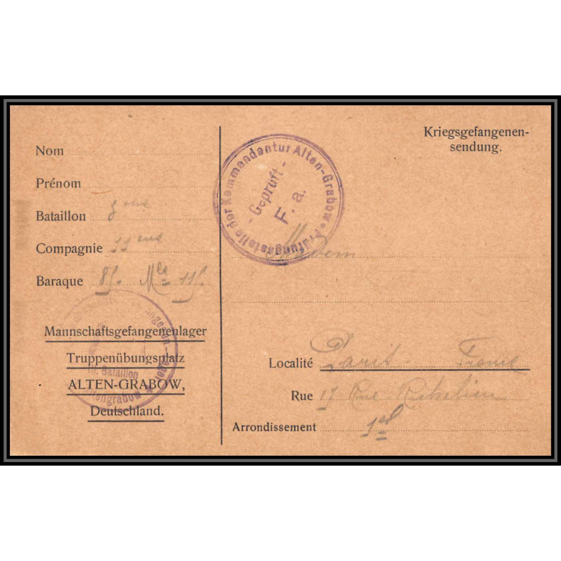 17004 alten-grabow 1915 delarbre paris richelieu guerre censure 14/18 ww1 lettre kriegsgefangenenpost allemagne germany