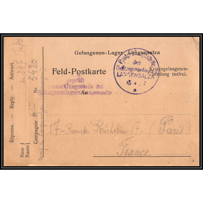 17005 gefangenen lager langensalza 1917 paris guerre censure 14/18 ww1 lettre kriegsgefangenenpost allemagne germany