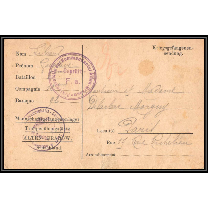 17007 alten-grabow 1915 delarbre paris richelieu guerre censure 14/18 ww1 lettre kriegsgefangenenpost allemagne germany