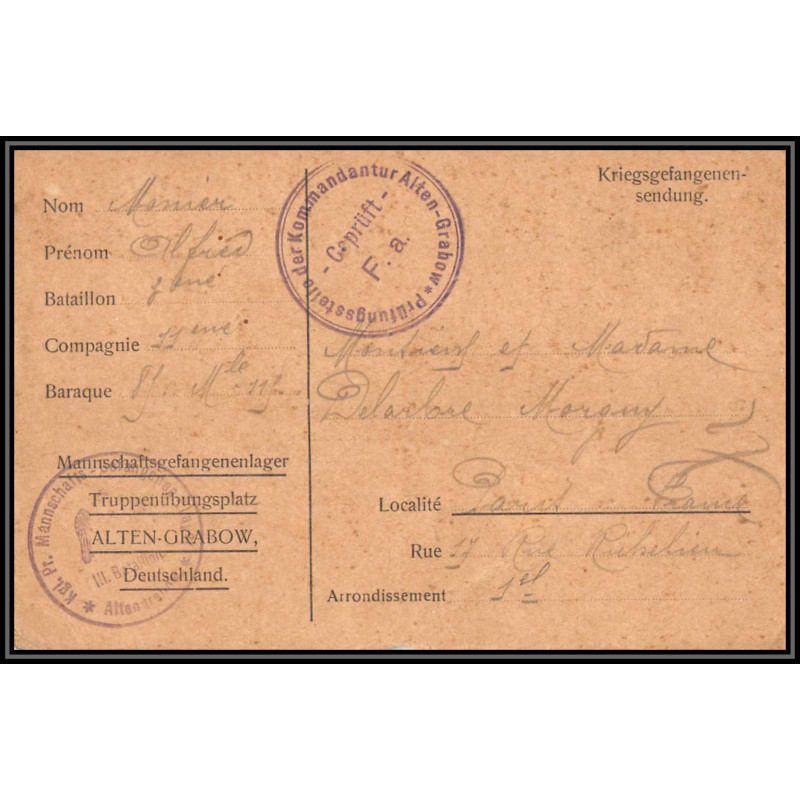 17008 alten-grabow 1915 delarbre paris richelieu guerre censure 14/18 ww1 lettre kriegsgefangenenpost allemagne germany