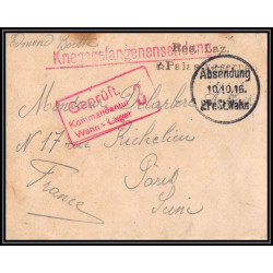 17009 camp de Wahn 1916 delarbre paris richelieu guerre censure 14/18 ww1 lettre kriegsgefangenenpost allemagne germany