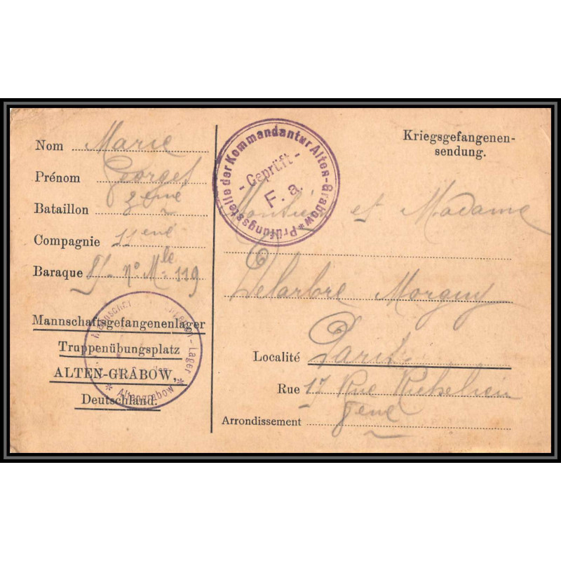 17010 alten-grabow 1915 delarbre paris richelieu guerre censure 14/18 ww1 lettre kriegsgefangenenpost allemagne germany