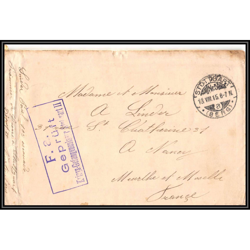 17011 camp de prisonniers de guerre censure de Stuttgart II 1915 nancy 14/18 ww1 kriegsgefangenenpost allemagne germany