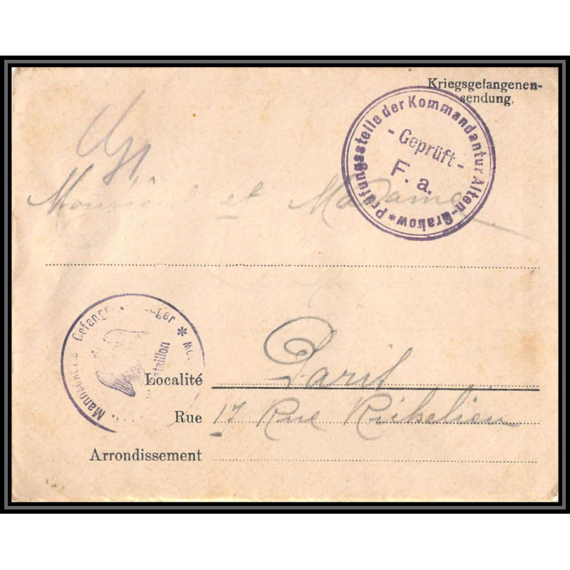 17012 alten-grabow 1915 delarbre paris richelieu guerre censure 14/18 ww1 lettre kriegsgefangenenpost allemagne germany