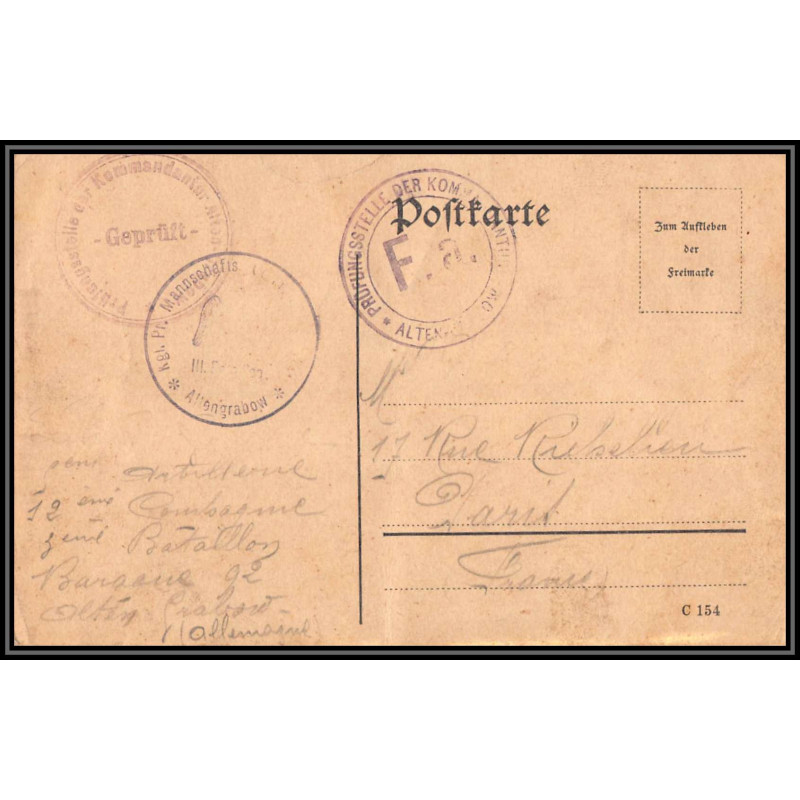 17013 alten-grabow 1915 delarbre paris richelieu guerre censure 14/18 ww1 lettre kriegsgefangenenpost allemagne germany