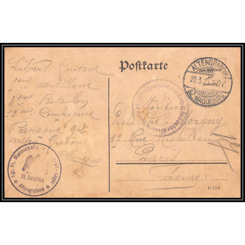 17015 alten-grabow 1915 delarbre paris richelieu guerre censure 14/18 ww1 lettre kriegsgefangenenpost allemagne germany
