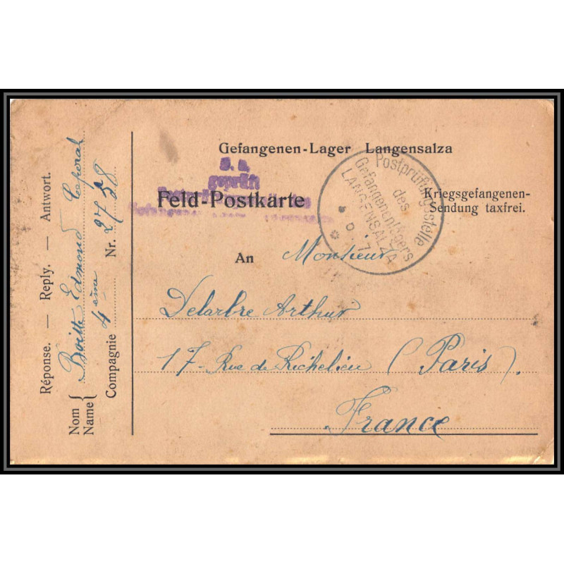 17016 camp prisonniers Langensalza 1917 paris guerre censure 14/18 ww1 lettre kriegsgefangenenpost allemagne germany