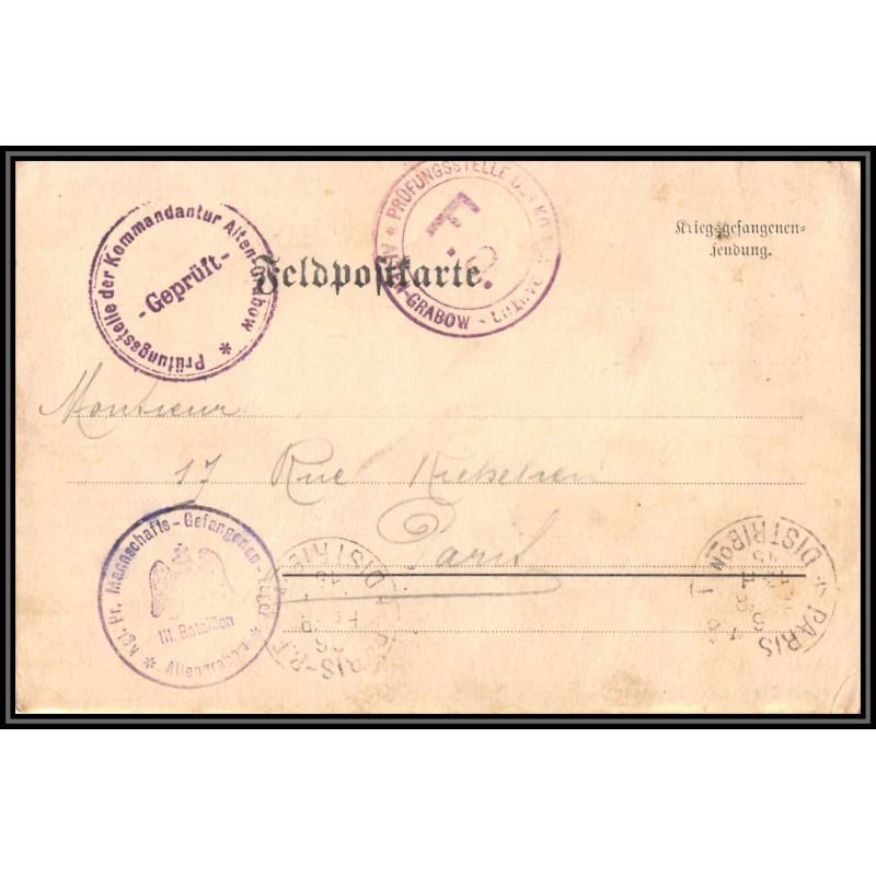 17019 alten-grabow 1915 delarbre paris richelieu guerre censure 14/18 ww1 lettre kriegsgefangenenpost allemagne germany